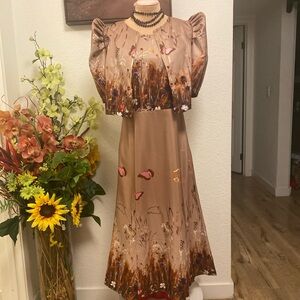 Filipiniana Vintage-Inspired Brown Floral Midi Dress Puff Sleeves Fits XS, S, M
